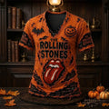 The Rolling Stones Halloween Orange Distressed V-Neck Shirt The Rolling Stones Merch Fan Gifts - Merchluma