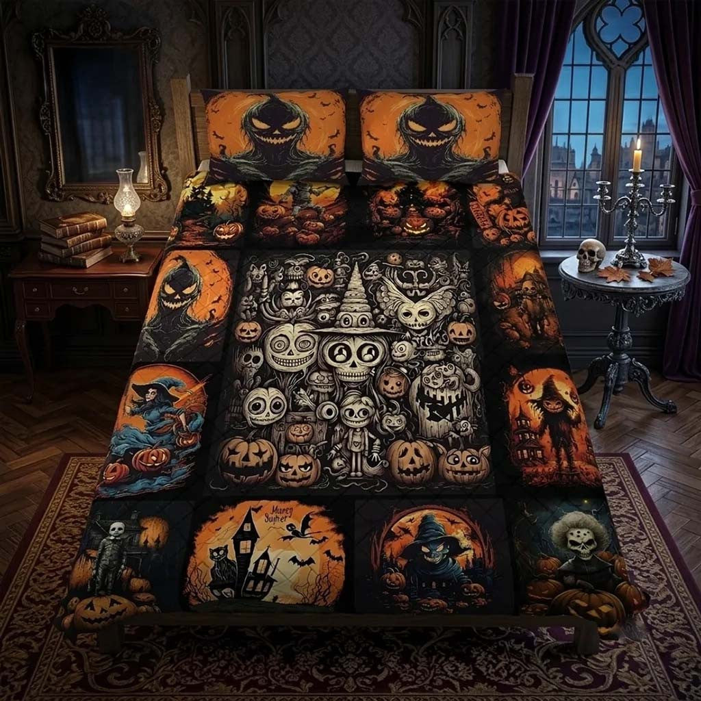 2026 Halloween Horror Pumpkin Quilt Bedding Set Spooky Home Decor Ideas Halloween Gifts - Merchluma