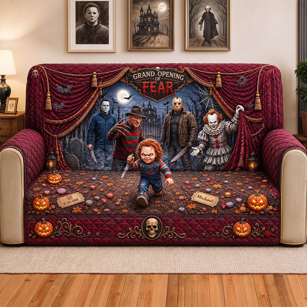 Horror Characters Grand Opening Of Fear Quilted Sofa Cover Spooky Halloween Merch Sofa Decor - Merchluma
