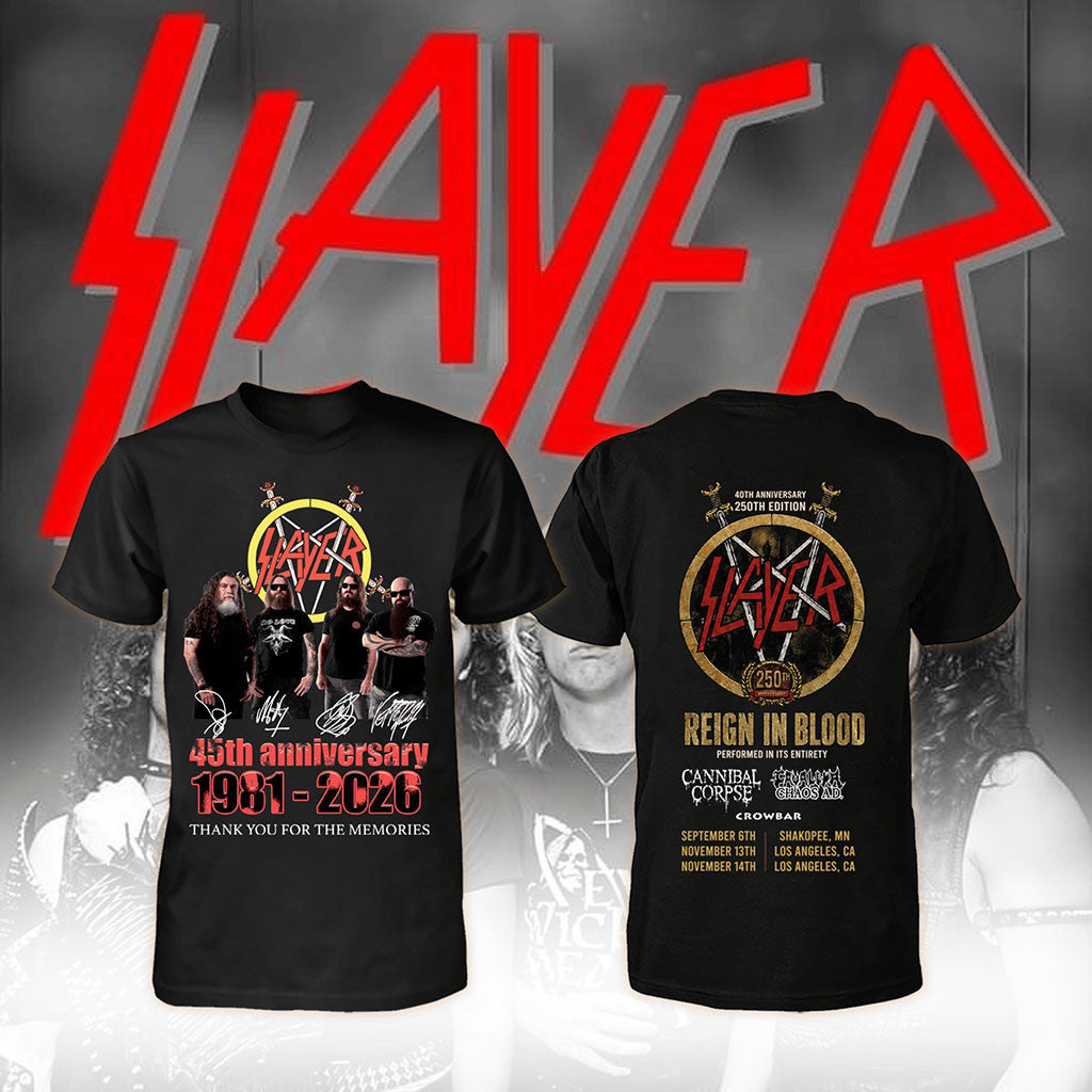 Slayer 45th Anniversary Shirt Reign in Blood Tour Dates T-Shirt Slayer Heavy Metal Band Merch - Merchluma
