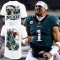 Jalen Hurts Philadelphia Eagles QB1 T-Shirt Believe Tee #1 Jalen Hurts Merch Football Fan Gifts - Merchluma