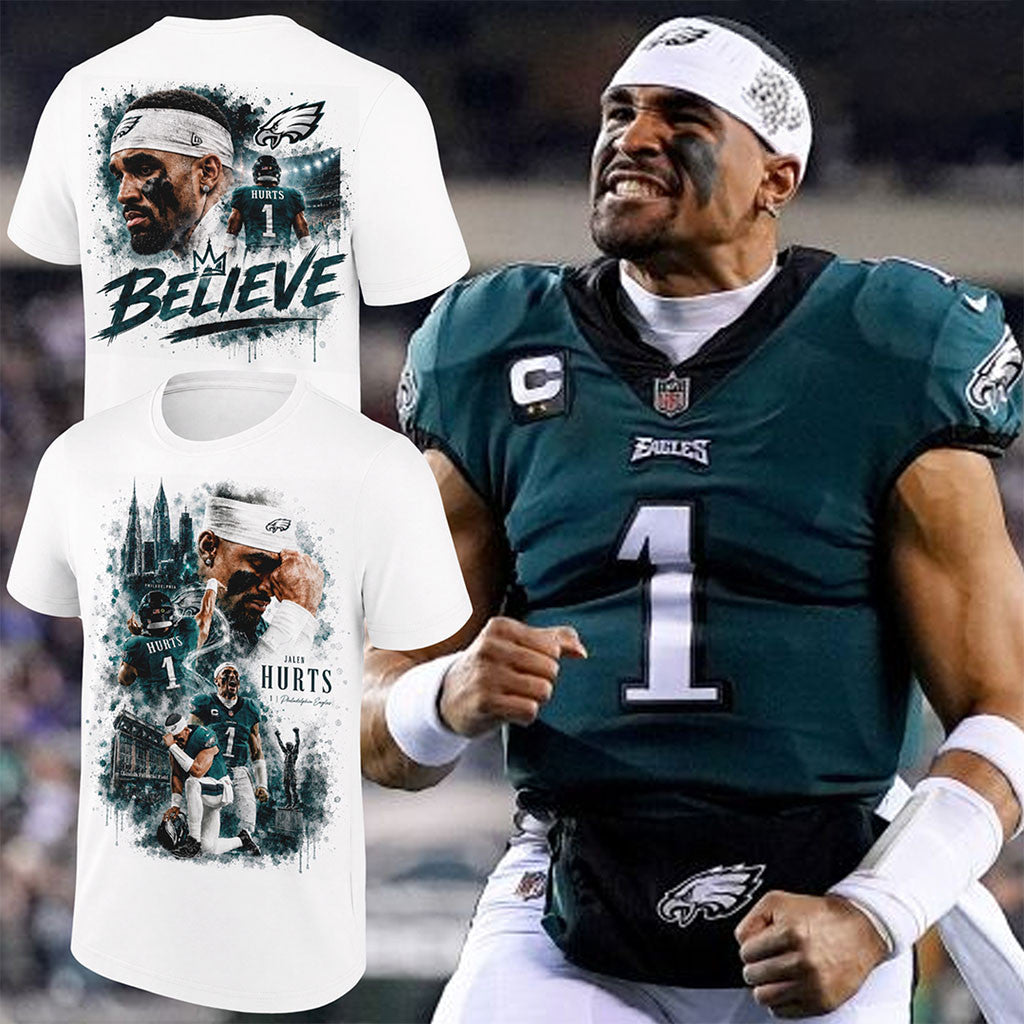 Jalen Hurts Philadelphia Eagles QB1 T-Shirt Believe Tee #1 Jalen Hurts Merch Football Fan Gifts - Merchluma