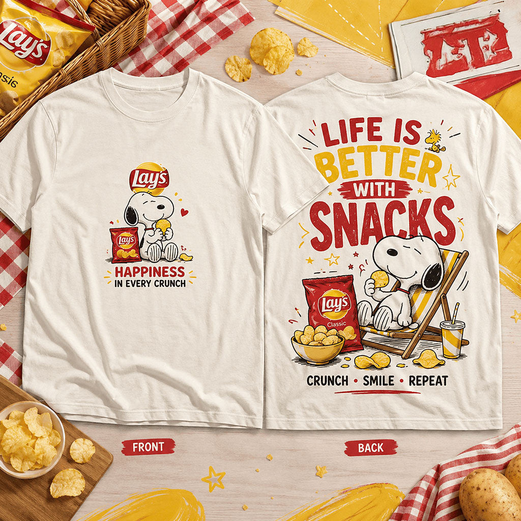 Snoopy Snack Time Happiness In Every Crunch T-Shirt Snoopy Merch Gifts For Brothers - Merchluma