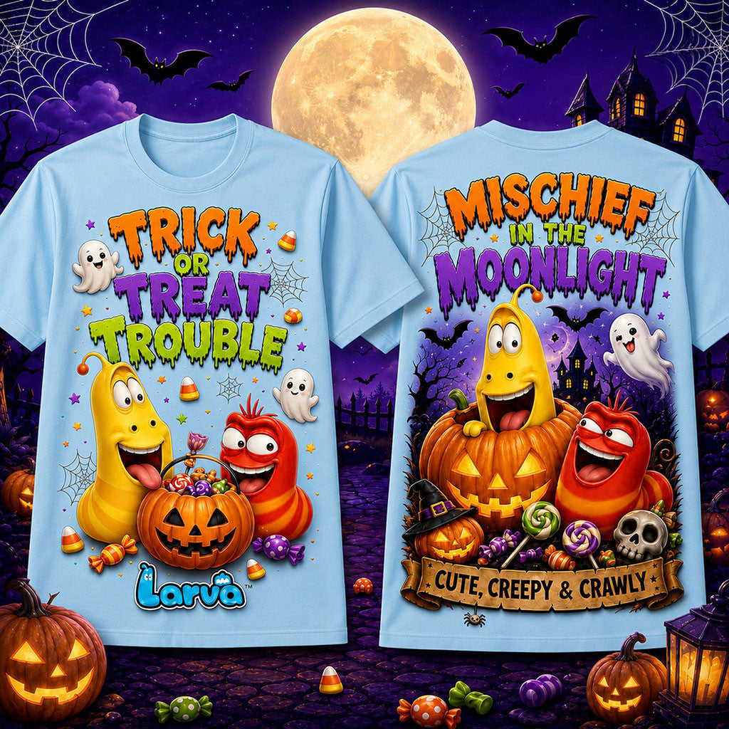 Larva Trick Or Treat Trouble Mischief In The Moonlight Halloween Cute Creepy And Crawly Shirt - Merchluma
