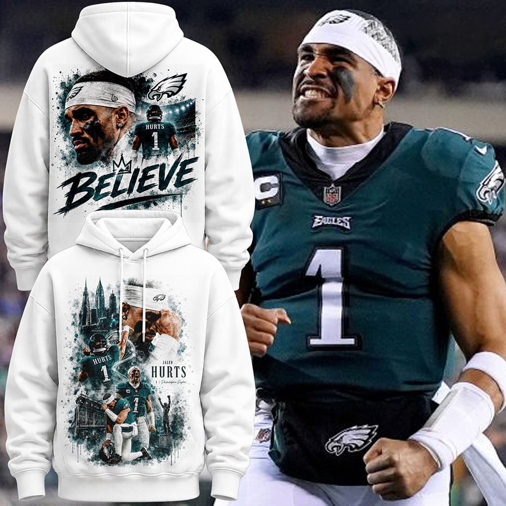 Jalen Hurts Philadelphia Eagles QB1 Hoodie Believe #1 Jalen Hurts Merch Football Fan Gifts - Merchluma