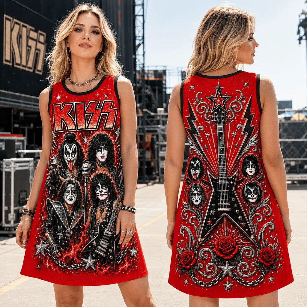 KISS Dressed To Kill Red Sleeveless Dress KISS Band Merch Best Gift For Rock Lovers - Merchluma