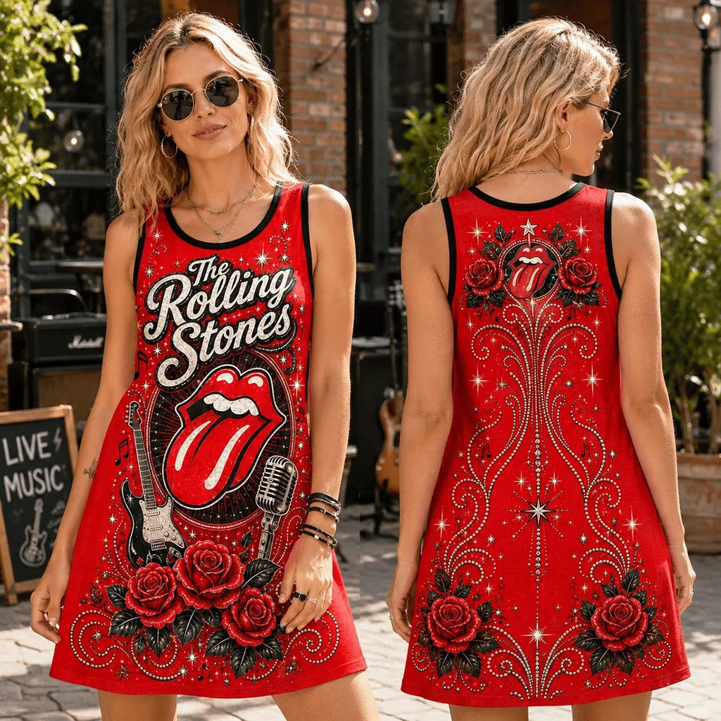 The Rolling Stones Red Floral Sleeveless Dress The Rolling Stones Merch Best Gift For Mom - Merchluma