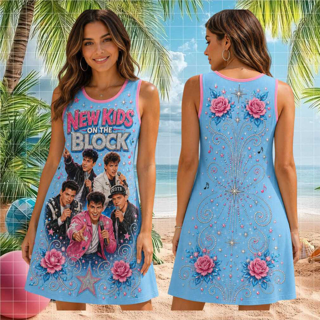 New Kids On The Block Floral Retro Concert Vintage Sleeveless Dress Music Fan Gift For Her - Merchluma