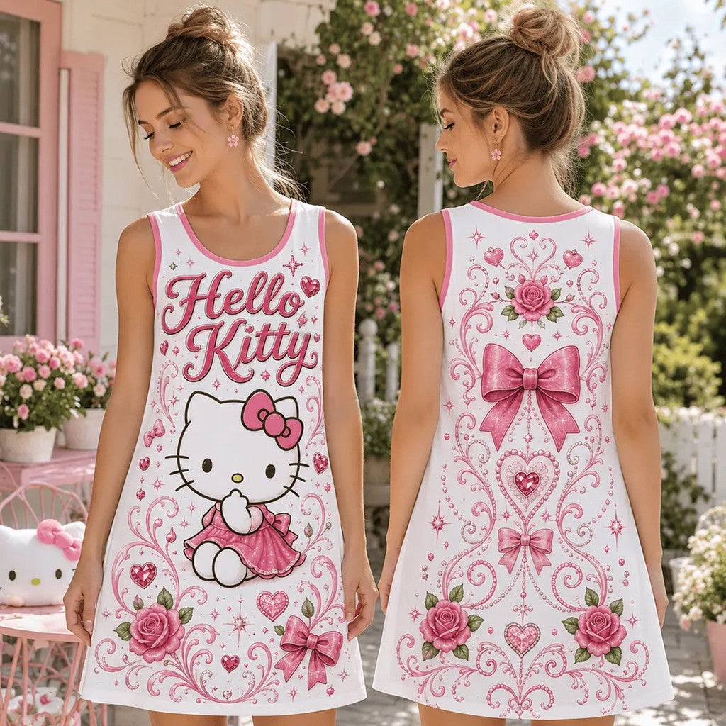 Hello Kitty Pink Rose Floral Sleeveless Tank Dress 2026 Hello Kitty Merch Gifts For Daughters - Merchluma