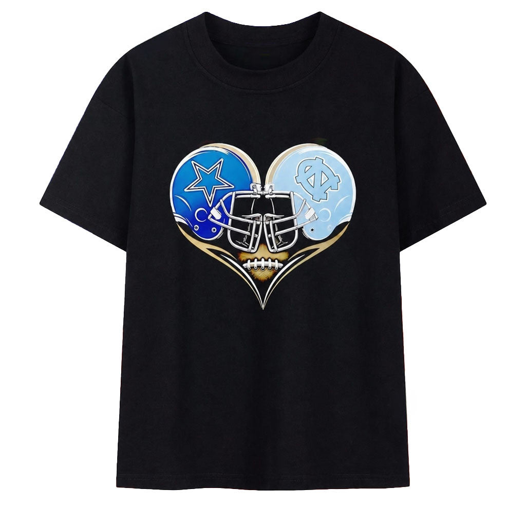 Dallas Cowboys And North Carolina Tar Heels Heart To Head Helmet Football Shirt Fans Gifts - Merchluma