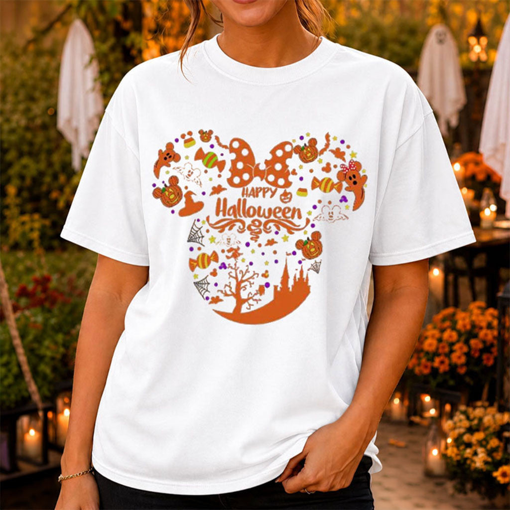 Disney Merch Mickey Minnie Mouse Head Pumpkin Candy Spooky Halloween Shirt Halloween Gifts - Merchluma