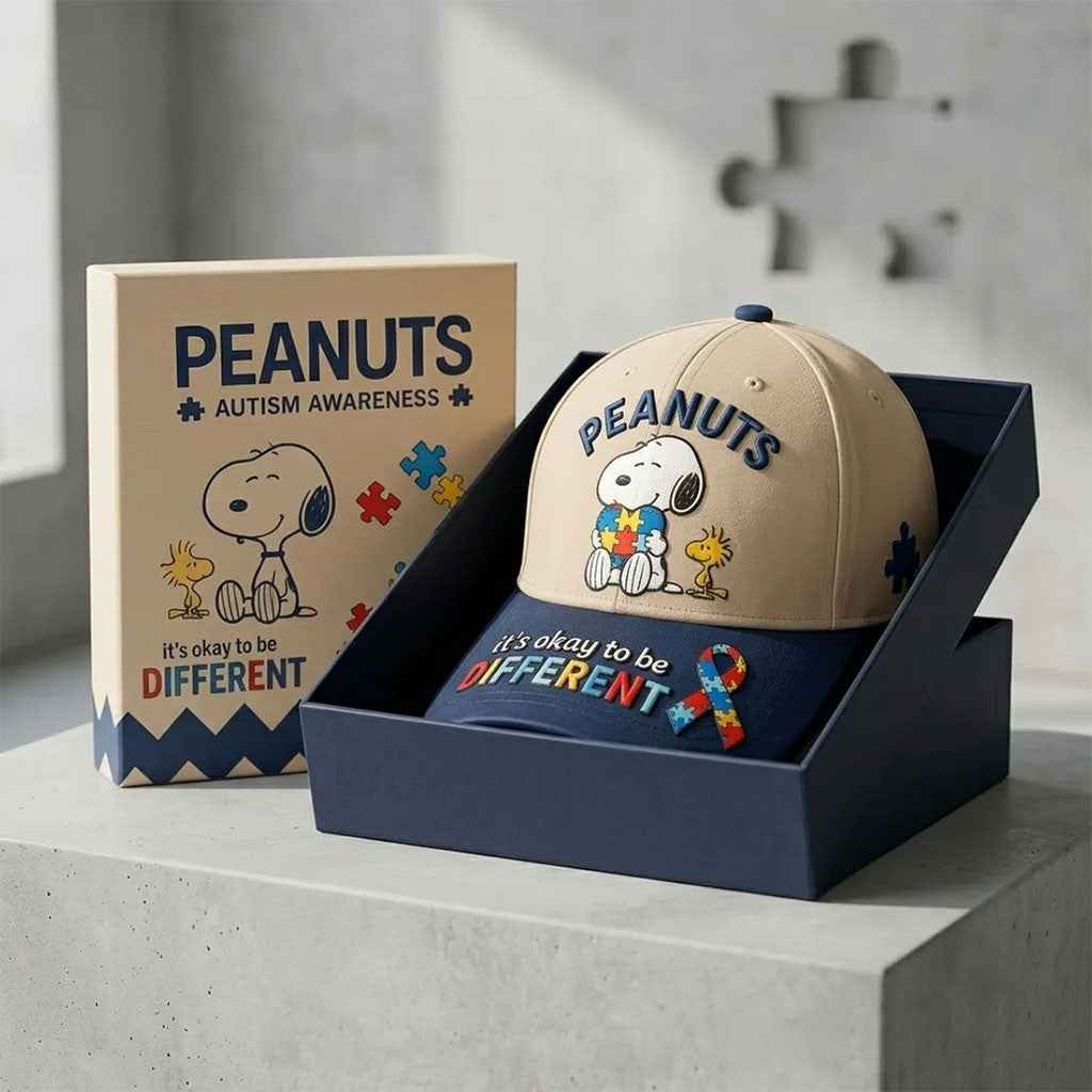 Peanuts Merch X Autism Awareness Snoopy Beige Hat Autism Awareness Puzzle Ribbon Cap - Merchluma