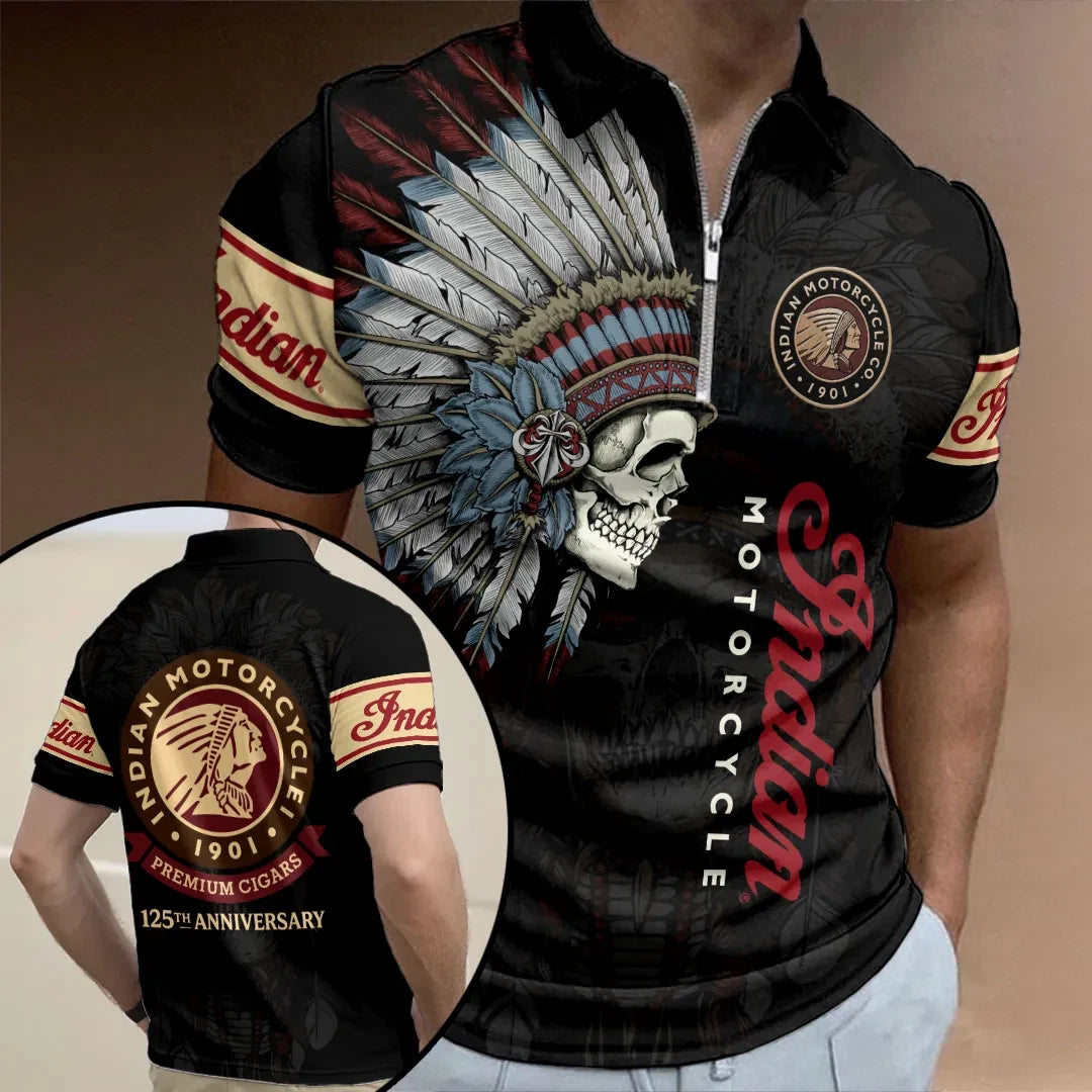 Indian Motorcycle 125th Anniversary Zip Polo Shirt Motorbike Lovers Apparel Gift For Dad - Merchluma
