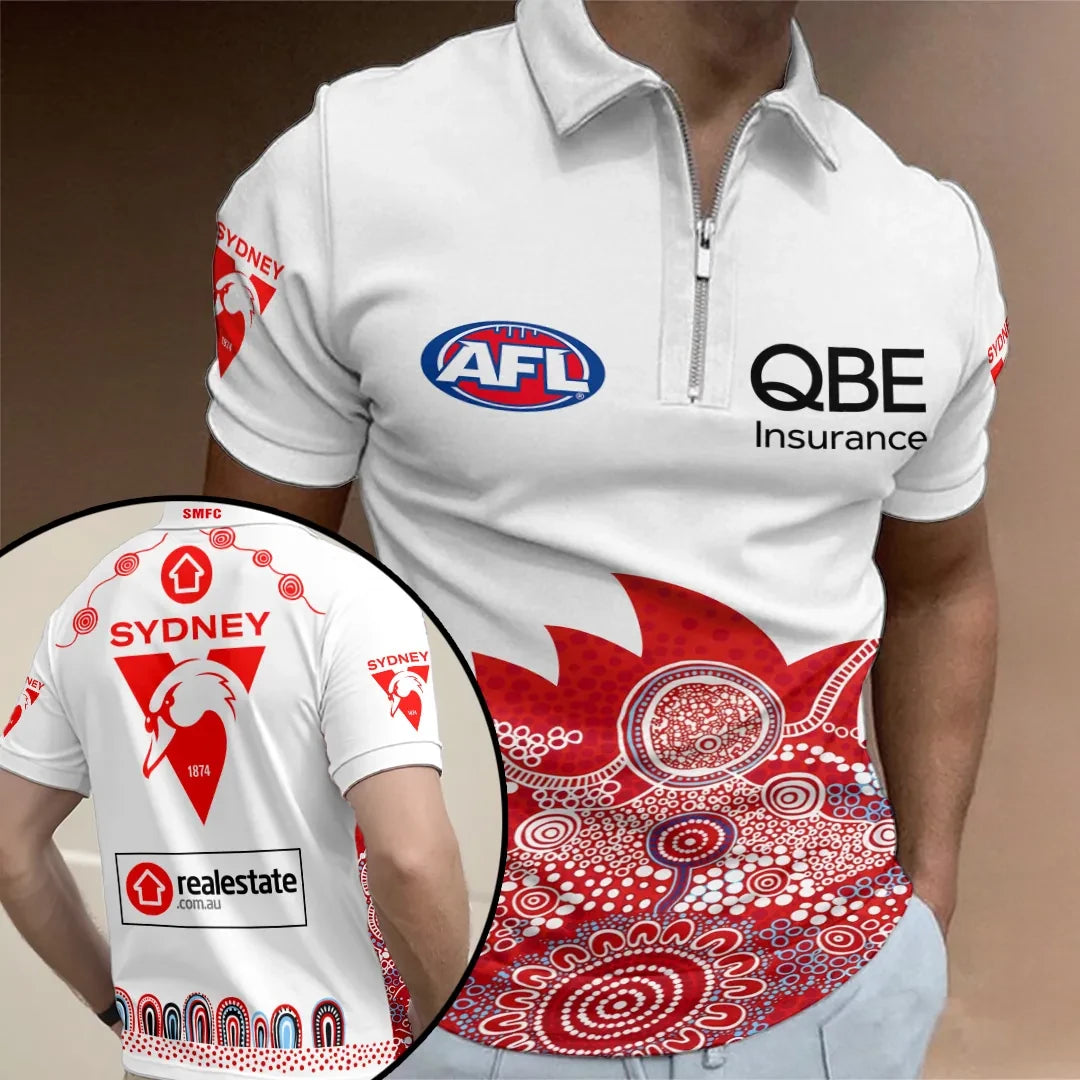 Sydney Swans FC 2026 Indigenous Guernsey Zip Polo Shirt AFL Sydney Swans Merch Dad Gifts - Merchluma