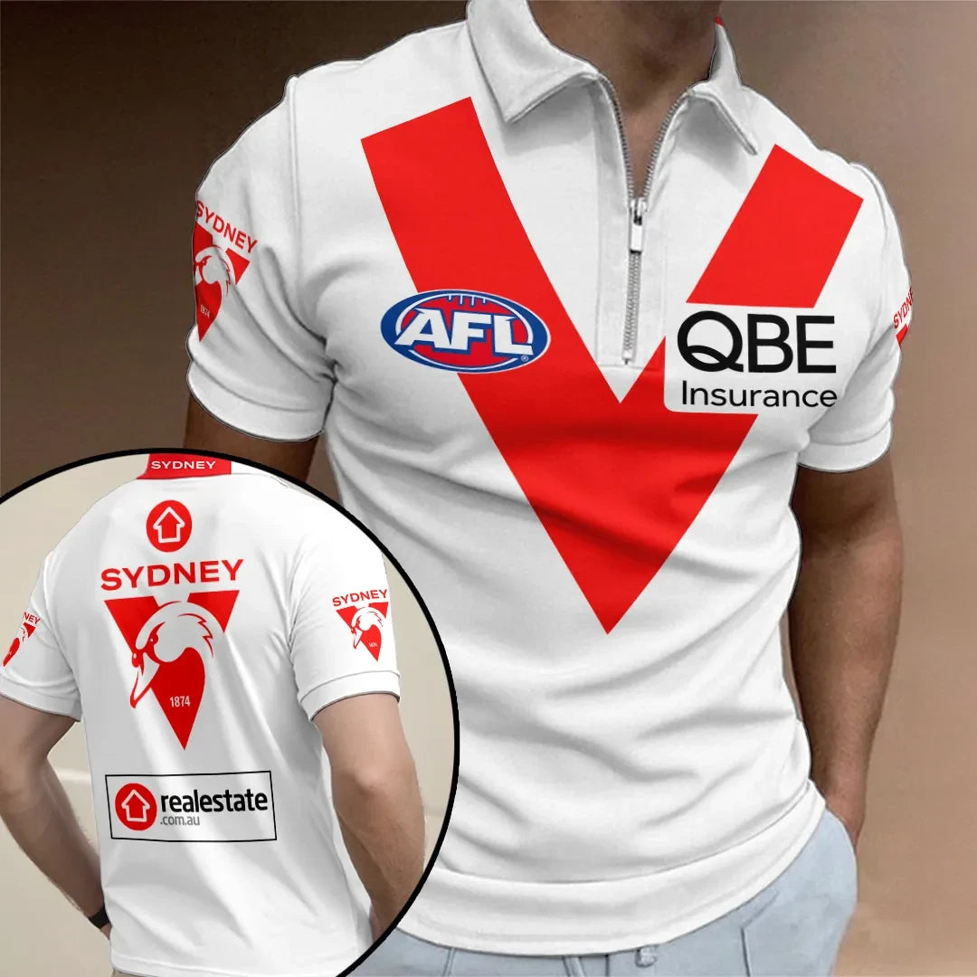 Sydney Swans FC Zip Polo Shirt AFL Sydney Swans Merch Gift Ideas For Brothers - Merchluma