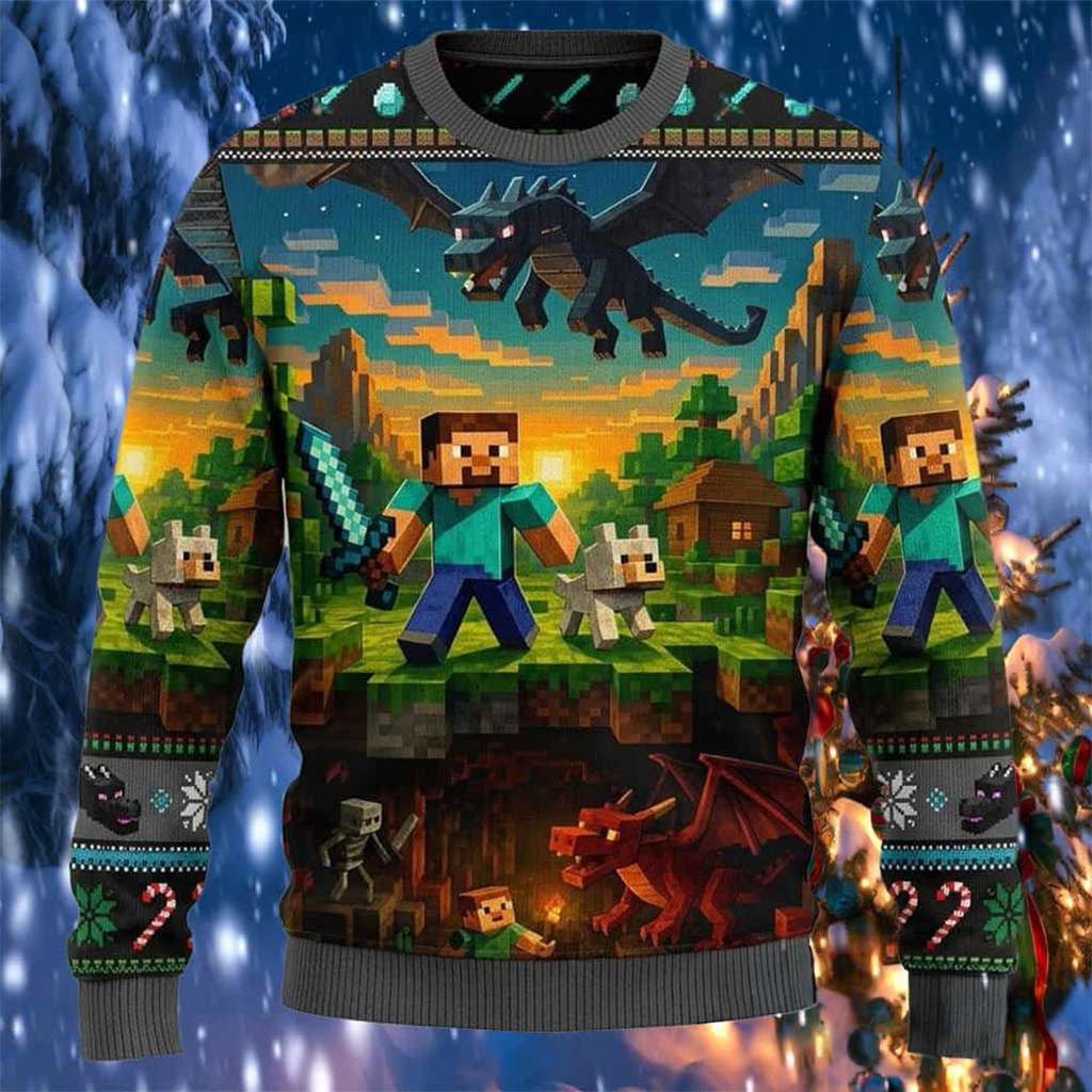 Minecraft Merch Steve Warrior Fights Ender Dragon Minecraft Ugly Sweater Present For Him - Merchluma