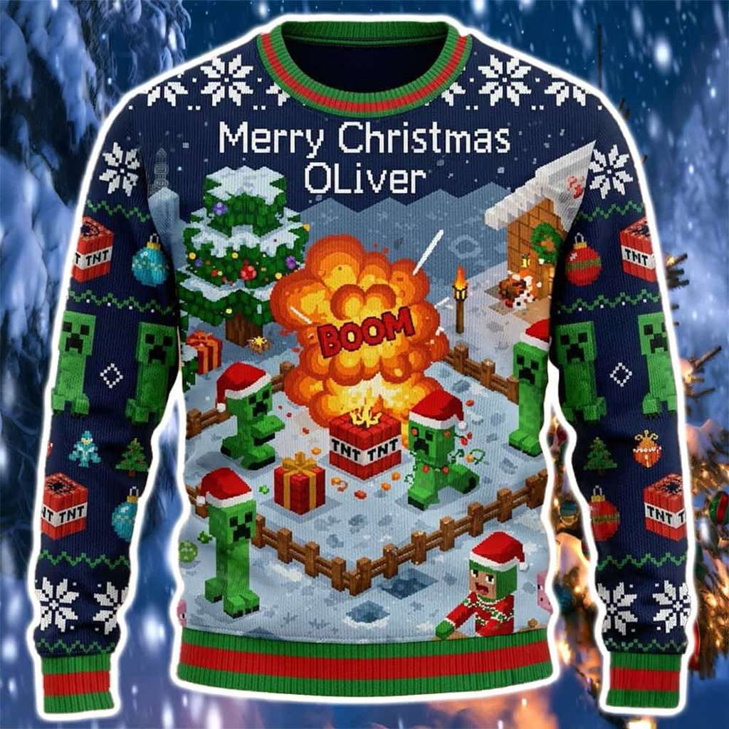 Minecraft Merch 2026 Creeper TNT Merry Christmas Oliver 2026 Minecraft Ugly Sweater Son Gifts - Merchluma