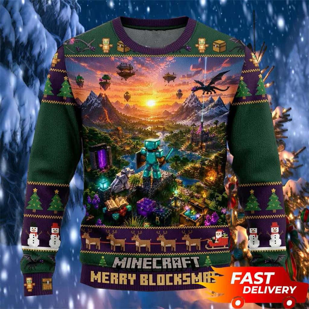 Minecraft Merch 2026 Merry Blocksmas Open World Minecraft Ugly Sweater Gifts For Fans - Merchluma