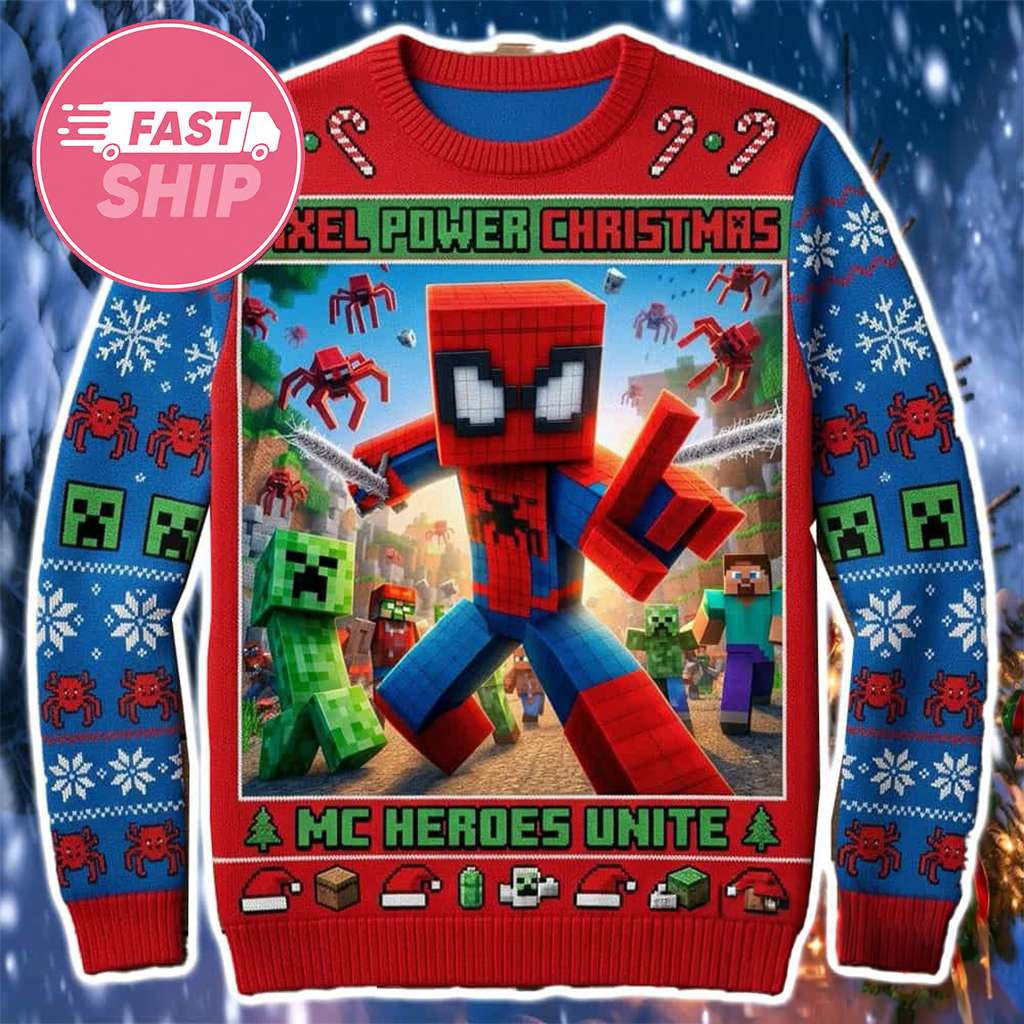 Minecraft Merch 2026 Spiderman x Minecraft Pixel Power Christmas Horoes Unite Ugly Sweater - Merchluma