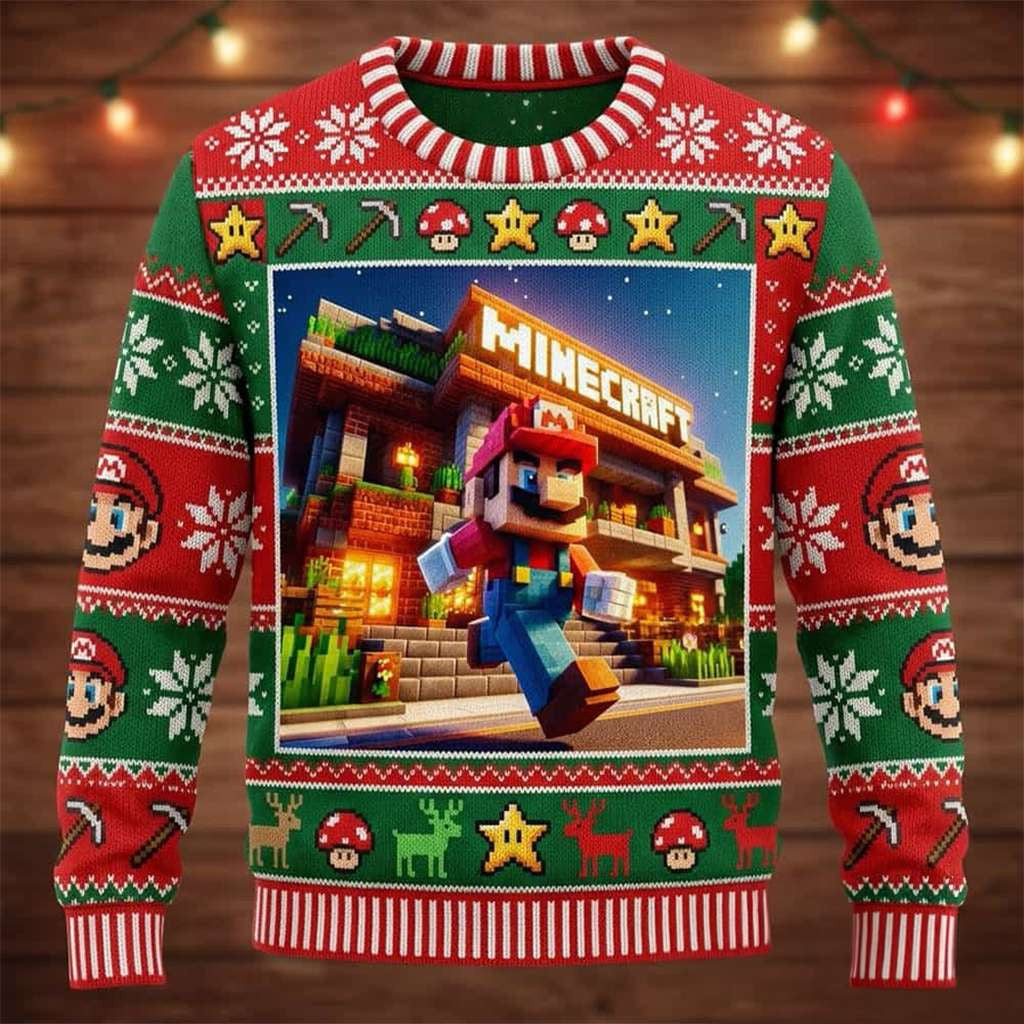 Super Mario x Minecraft 2026 Christmas Ugly Sweater Minecraft Merch Husband Christmas Gift Ideas - Merchluma