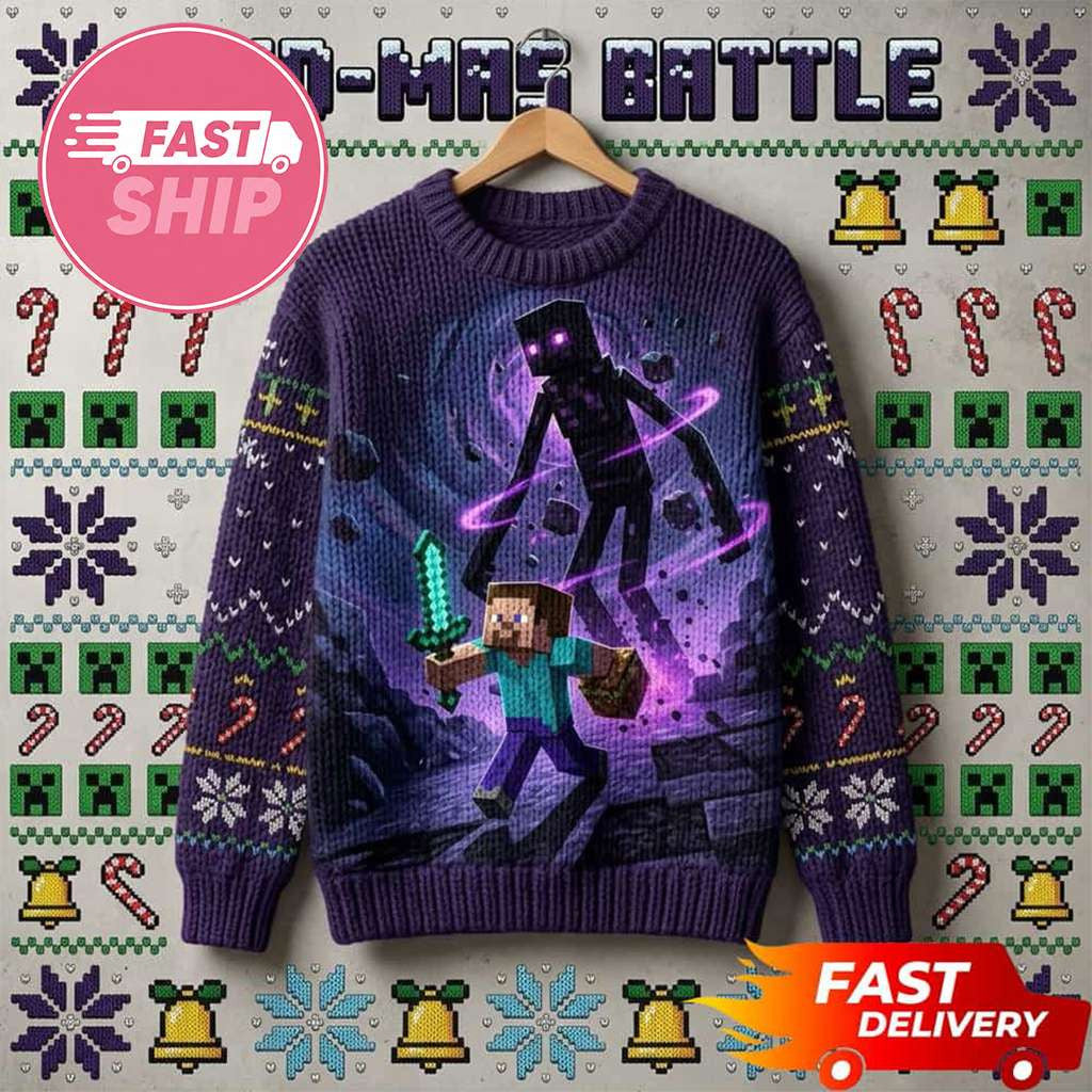 Minecraft Merch Steve vs Slenderman With Diamond Sword Minecraft Ugly Sweater Boyfriend Gifts - Merchluma