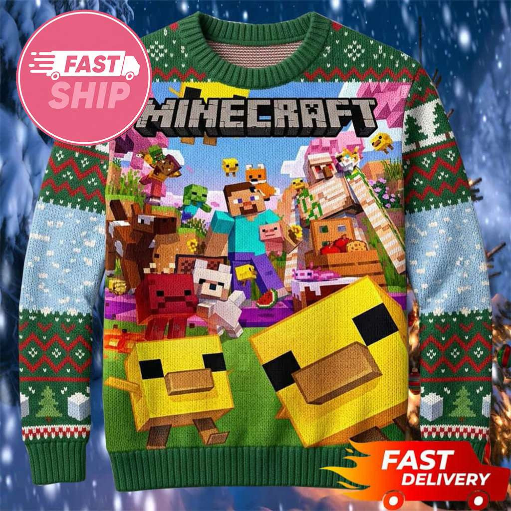 Minecraft Merch 2026 Steve Wonder Land Village Animals Minecraft Ugly Sweater Dudes Gifts - Merchluma