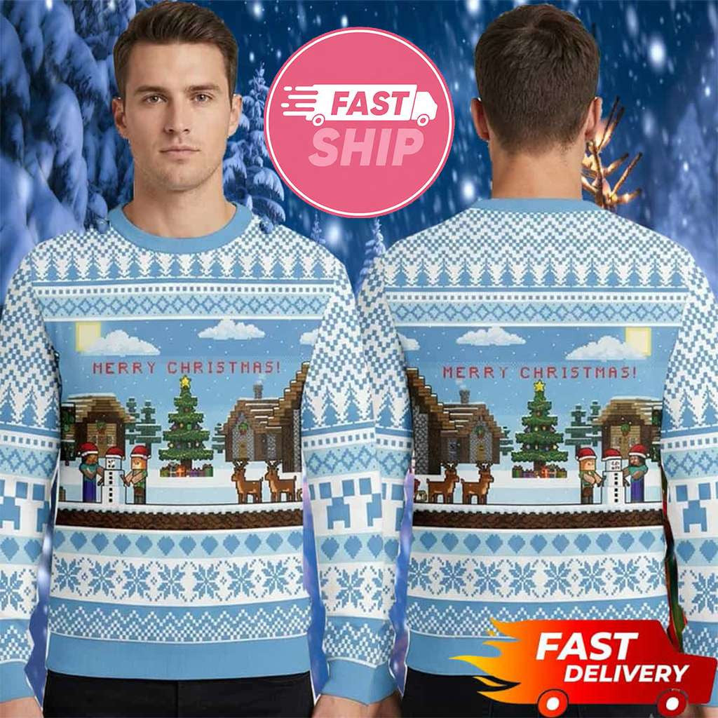 Minecraft Merch Steve Snow Man Merry Christmas 2026 Minecraft Ugly Sweater Gifts For Dudes - Merchluma