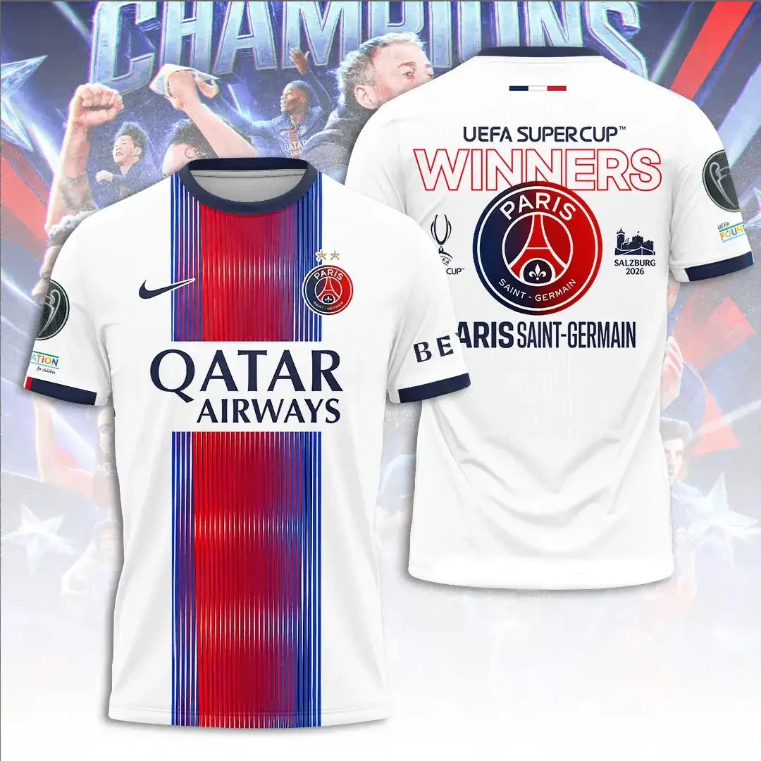 Paris Saint-Germain 2026 UEFA Super Cup Winners Shirt Paris Saint-Germain Merch White - Merchluma
