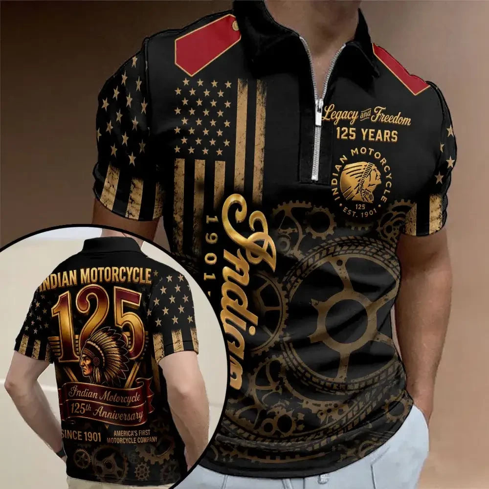 Indian Motorcycle Merch 125th Anniversary Legacy And Freedom Zip Polo Shirt Dad Gifts - Merchluma
