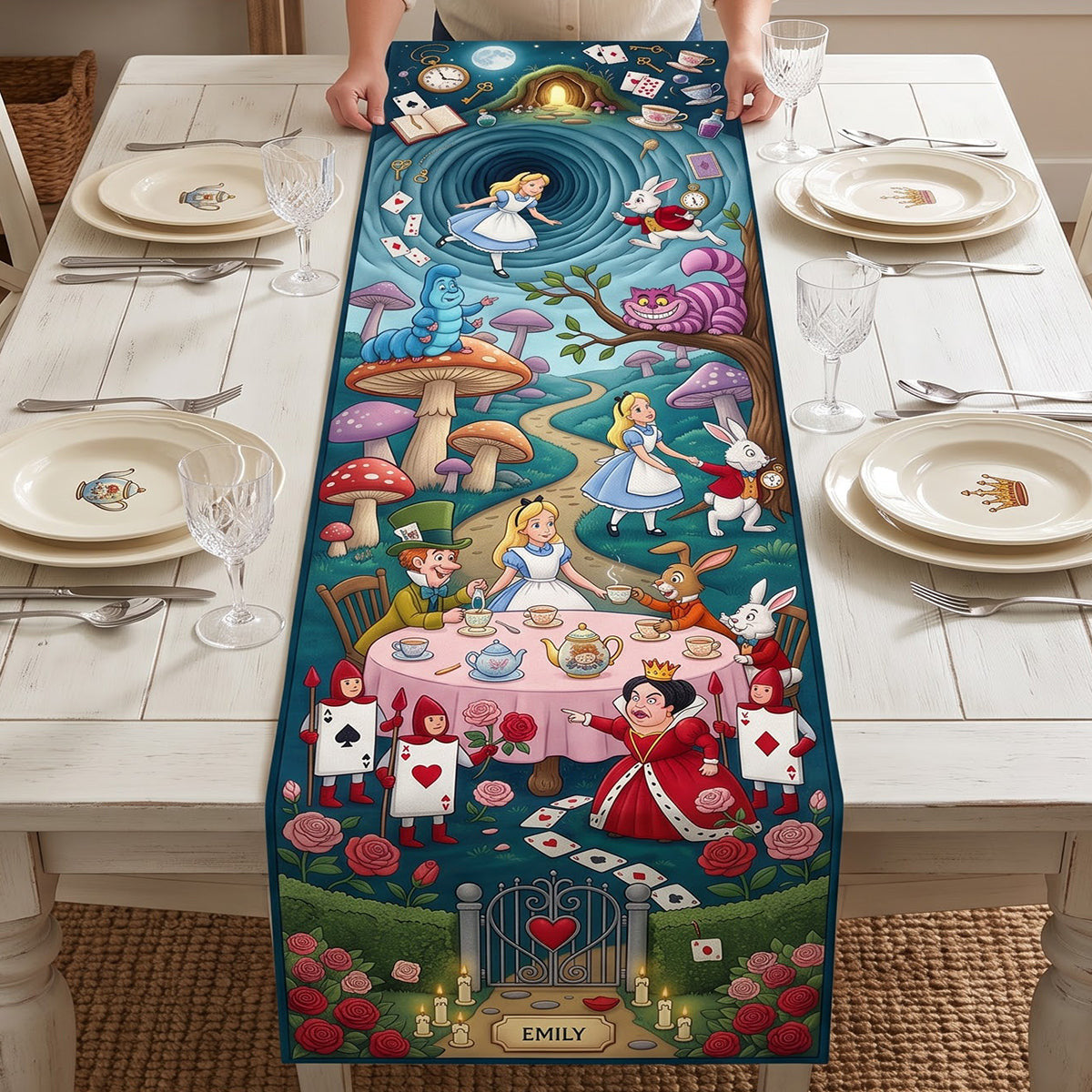 Personalized Alice in Wonderland Fairy Tale Tea Party Quilted Table Runner Home Decor Ideas - Merchluma