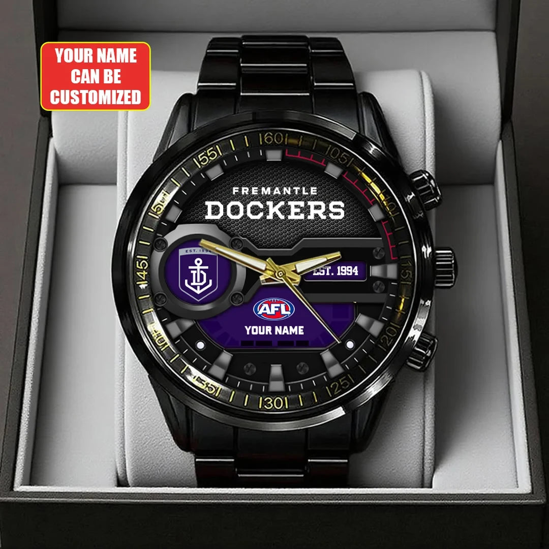 Personalized Fremantle Dockers Black Stainless Steel Watch AFL Fremantle Dockers Merch - Merchluma