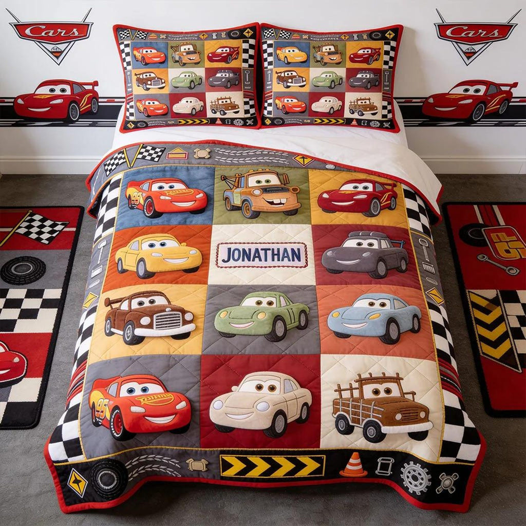 Personalized Cars Quilted Bedding Set Cartoon Racing Bed Sheet Set Birthday Gift For Son - Merchluma