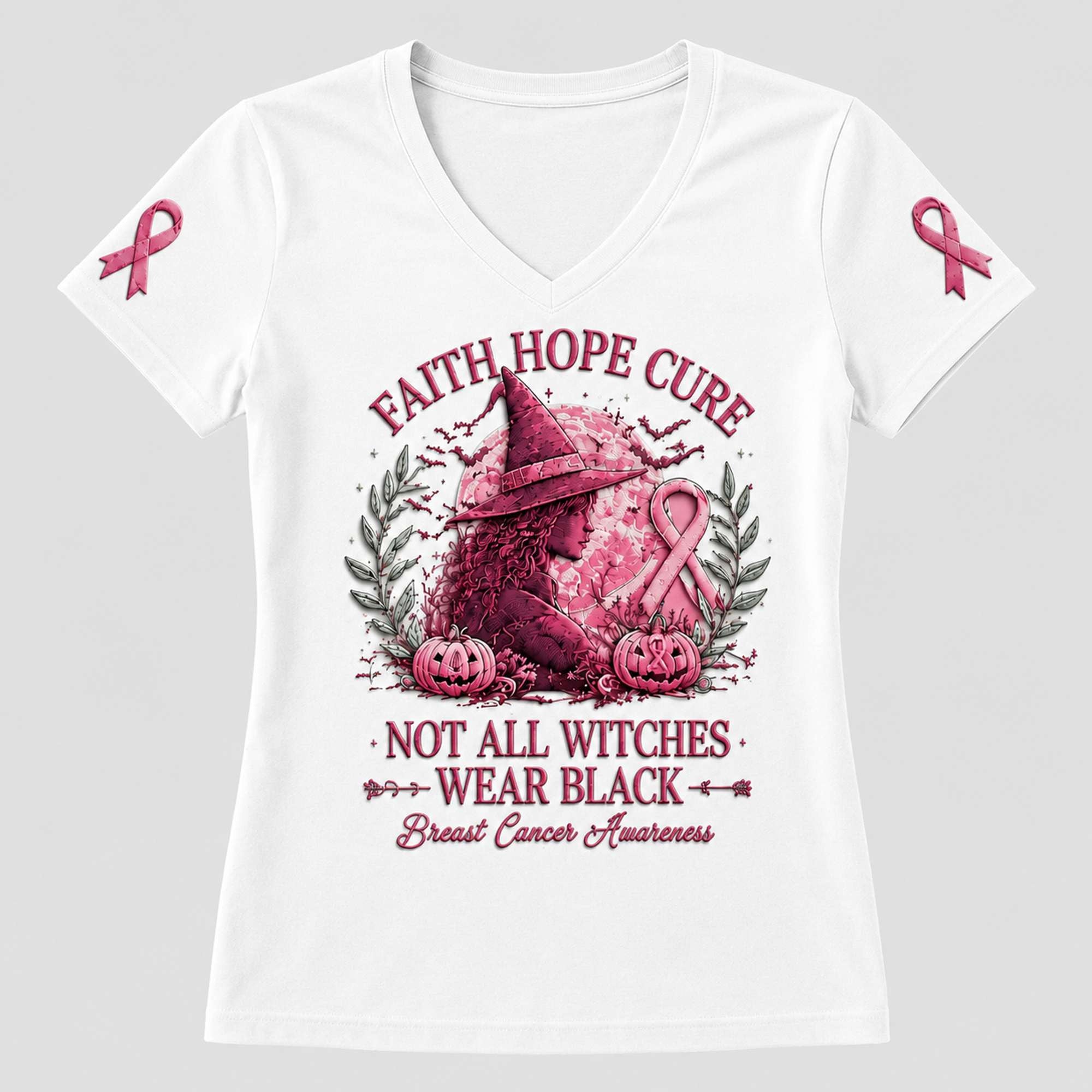 Faith Hope Cure Not All Witches Wear Black Breast Cancer Awareness V-Neck Shirt Gifts For Wife - Merchluma
