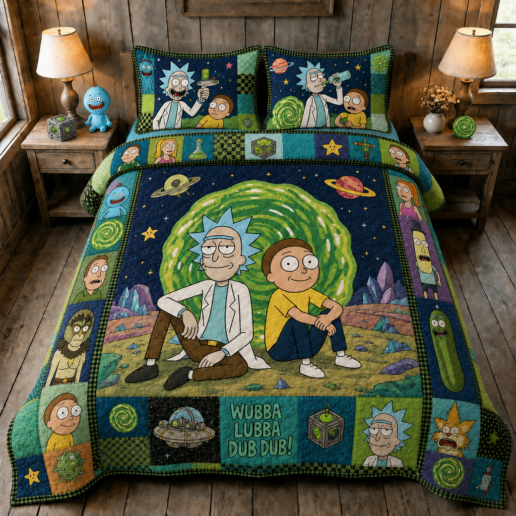 Rick And Morty Sci-Fi Portal Adventure Quilt Bedding Set Cartoon Galaxy Bedroom Decor - Merchluma