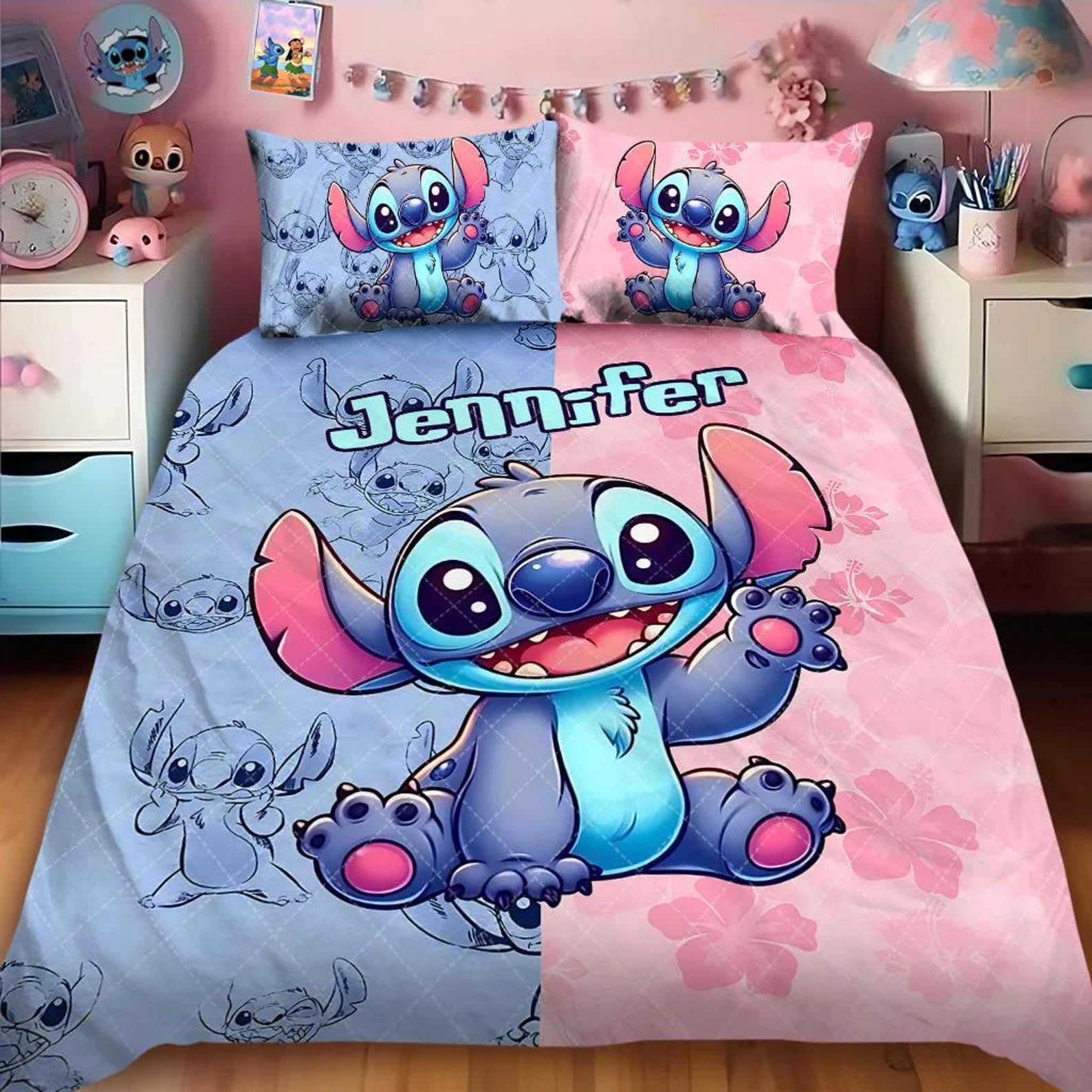 Personalized Stitch Cute Ohana Bedding Set Blue Alien Bedroom Decor Present For Sisters - Merchluma
