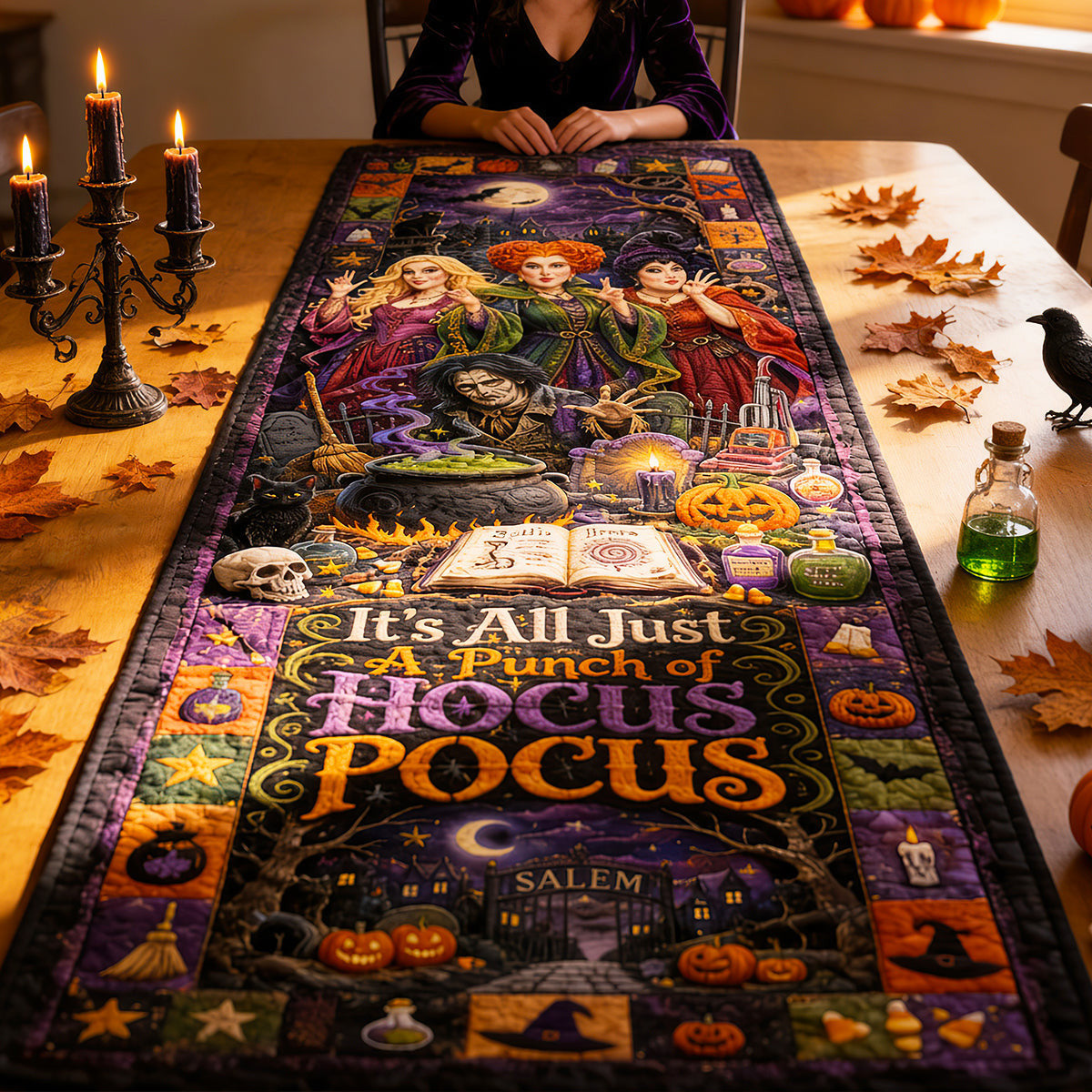 Personalized Hocus Pocus Midnight Spell Table Runner Holiday Home Decor Halloween Gifts - Merchluma