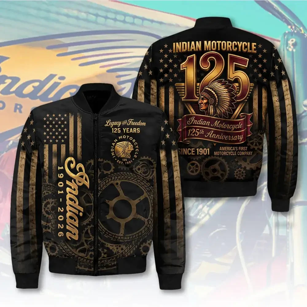 Indian Motorcycle 125th Anniversary Legacy And Freedom Bomber Jacket Indian Motorcycle Merch - Merchluma