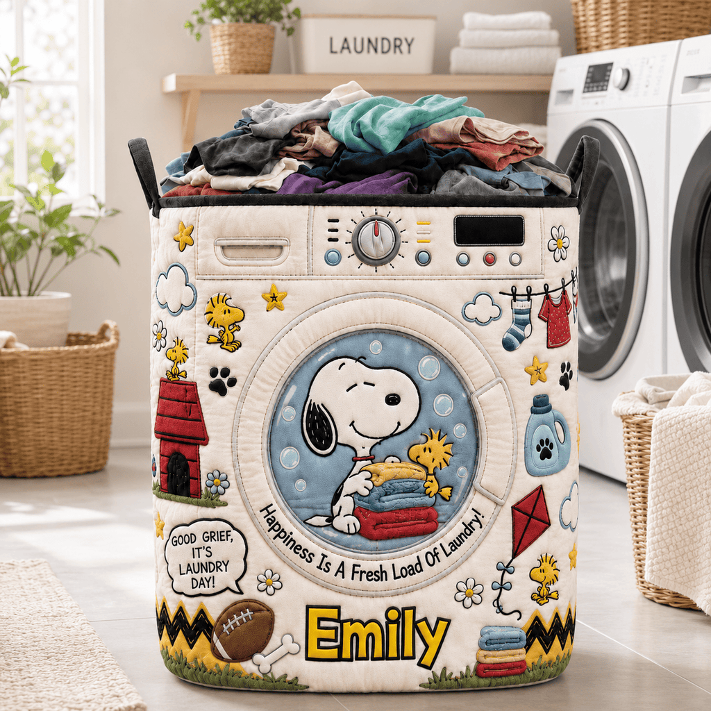 Personalized Peanuts Quilt Laundry Basket Cute Puppy Storage Basket Home Decor Items - Merchluma