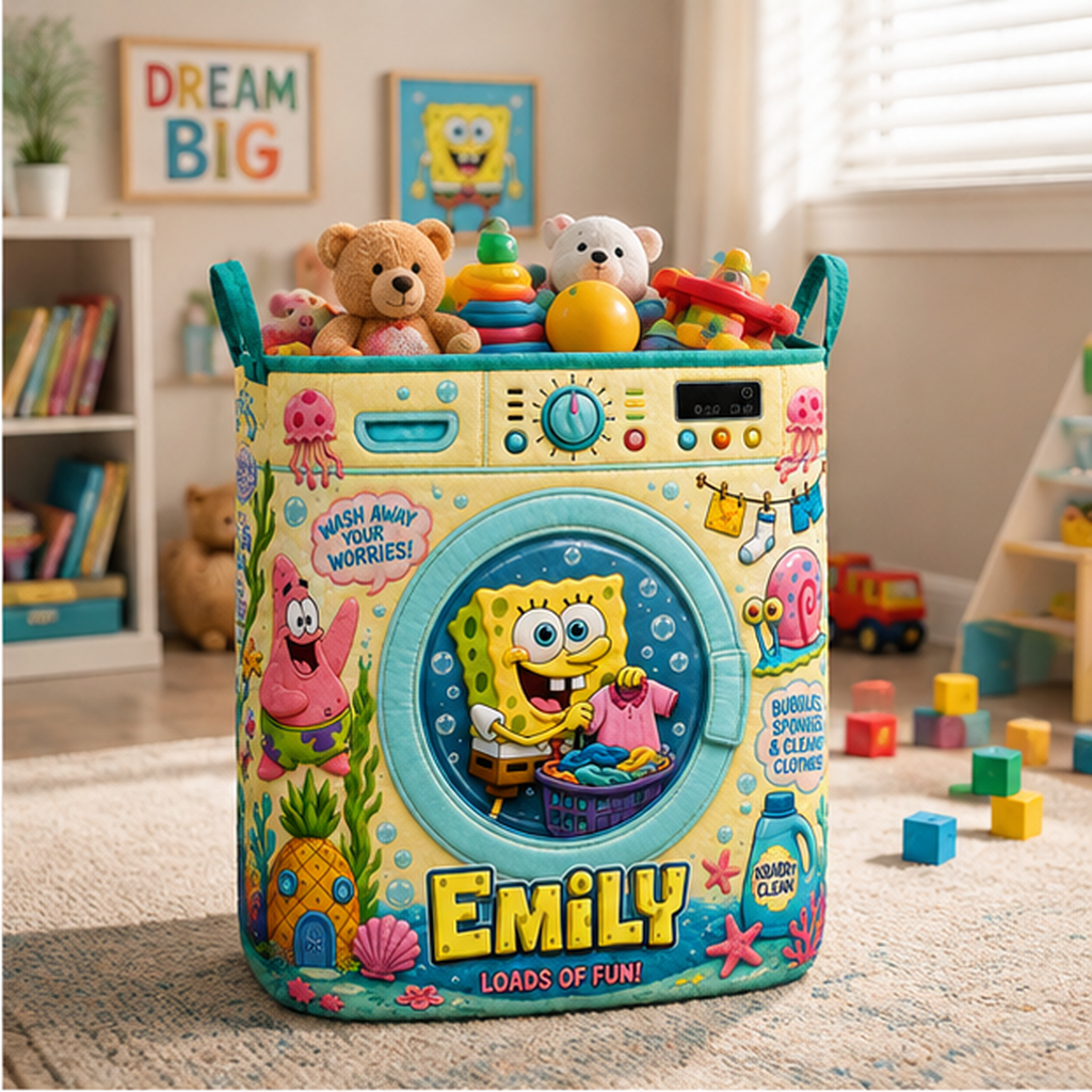 Personalized SpongeBob SquarePant Quilt Laundry Basket Ocean Friends Storage Basket Home Decor - Merchluma