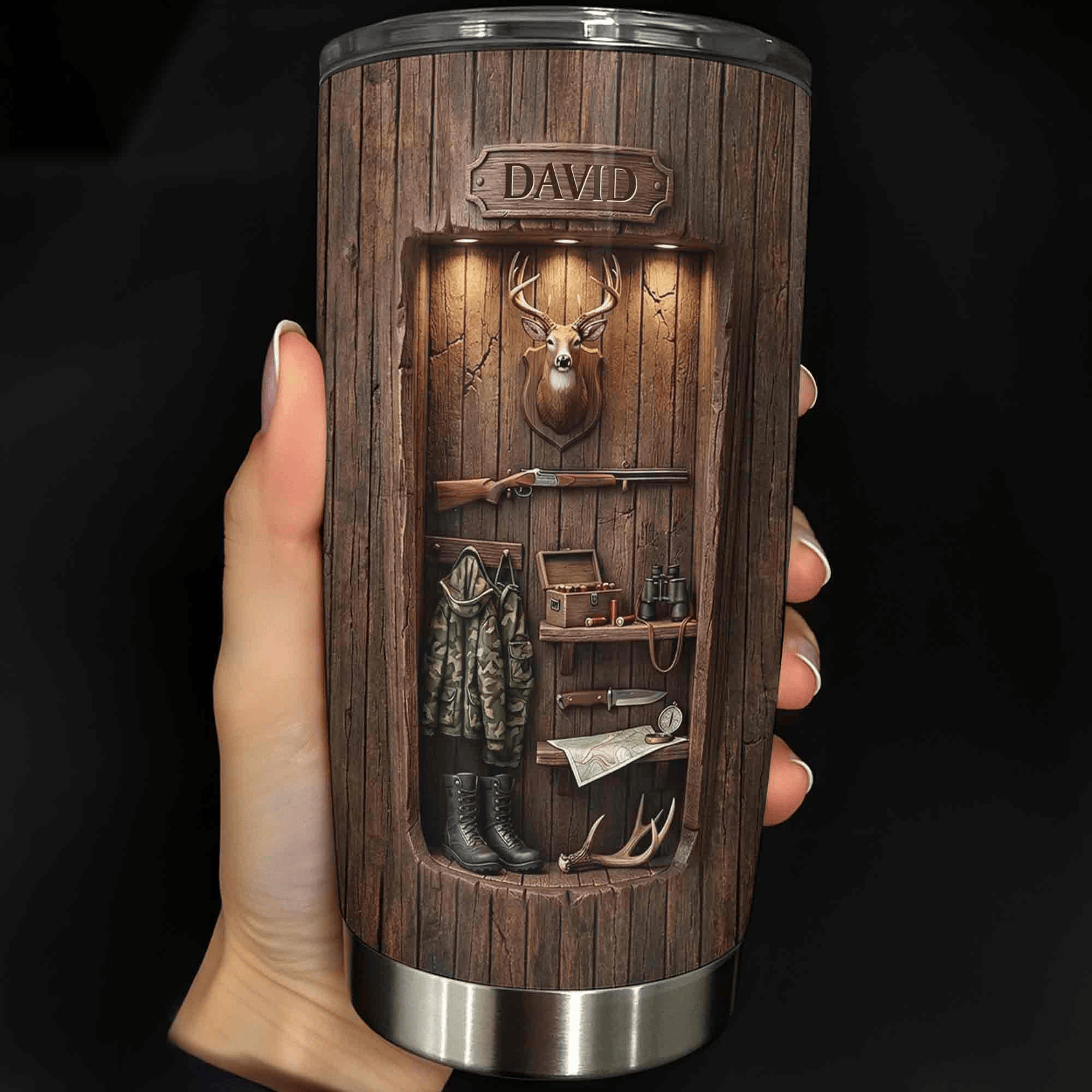 Personalized Hunting Tumbler Deer Wood Cabin Travel Cup Best Gift For Hunter Dad - Merchluma