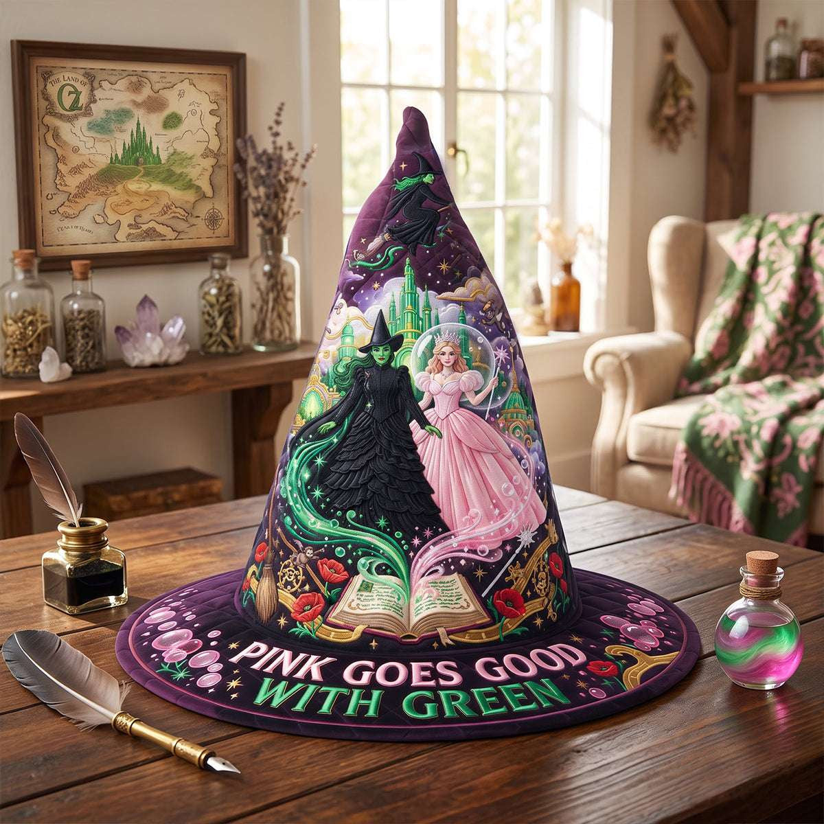Enchanted Pink Goes Good With Green Quilted Witch Hat Enchanted Merch Halloween Decor - Merchluma