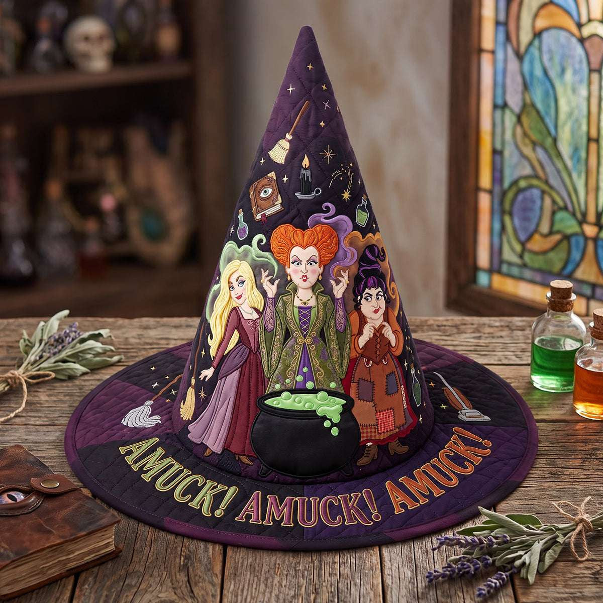 Hocus Pocus Merch Enchanted Amuck Amuck Amuck Quilted Witch Hat Halloween Holiday Decor - Merchluma