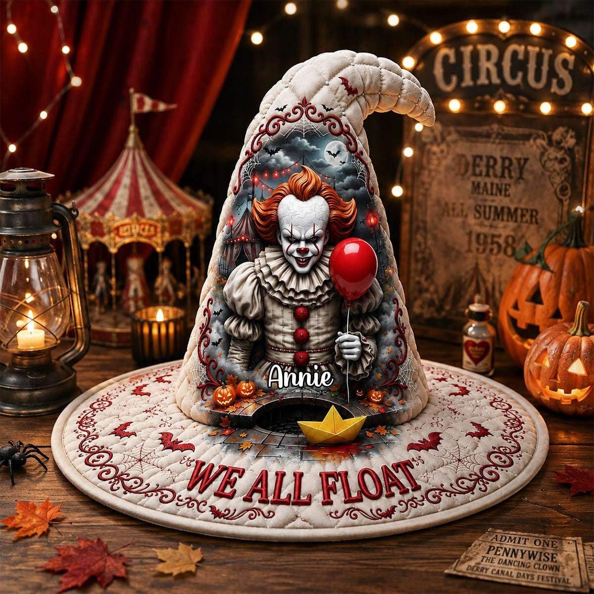 Personalized Pennywise We All Float Creepy Halloween Quilted Witch Hat Halloween Home Decor - Merchluma