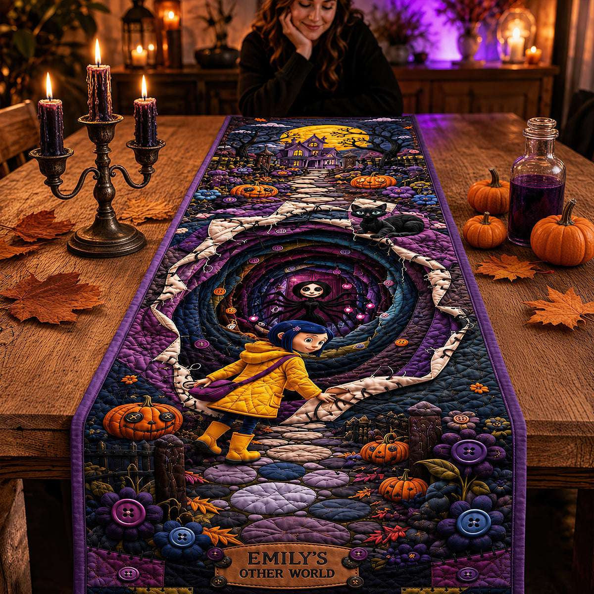 Personalized Coraline Spooky Halloween Quilted Table Runner Home Decor Gifts For Halloween - Merchluma