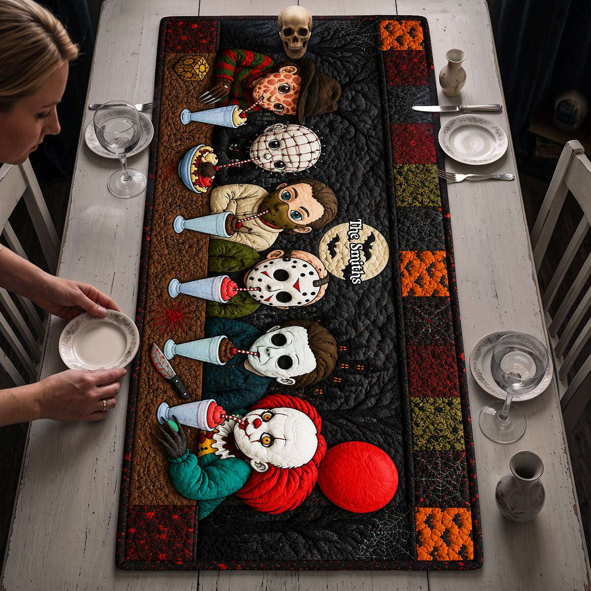 Personalized Horror Characters Halloween Quilted Table Runner Creepy Dining Decor Halloween Gift - Merchluma