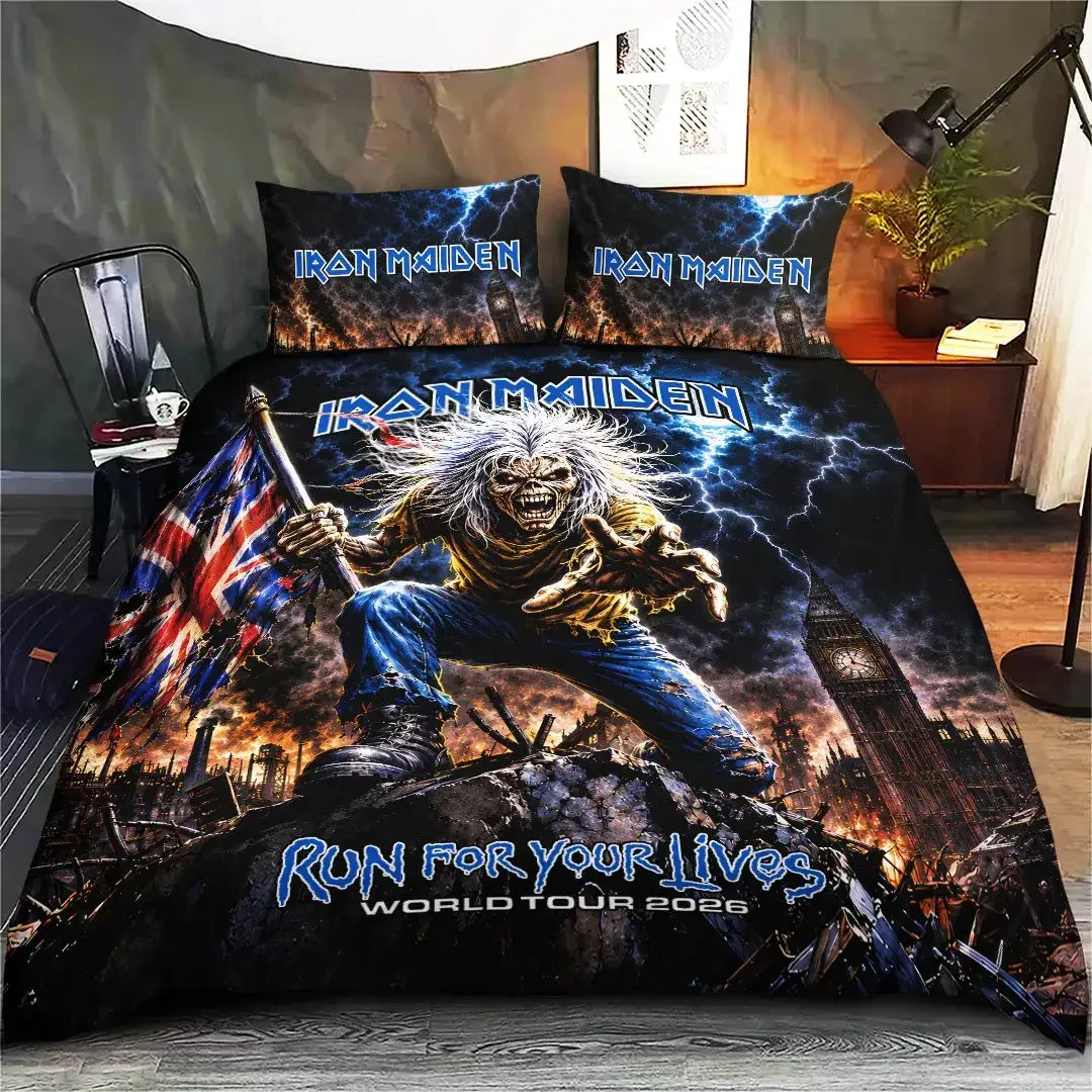 Iron Maiden Merch Run For Your Lives World Tour 2026 Bedding Set Bedroom Decor Gifts For Fan - Merchluma
