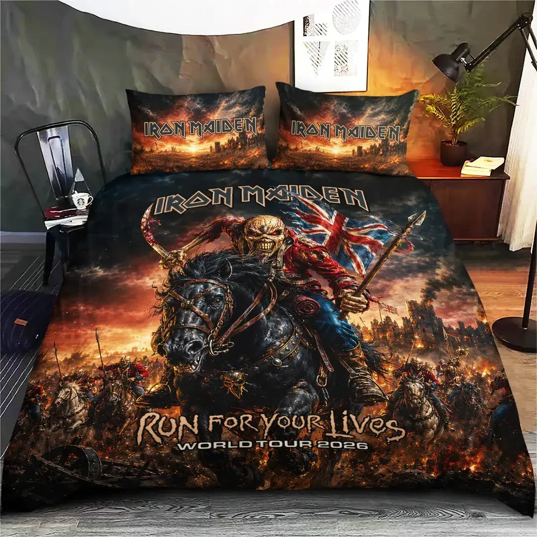 Iron Maiden Merch Run For Your Lives World Tour 2026 Bedding Set Rock Lovers Bedroom Decor - Merchluma