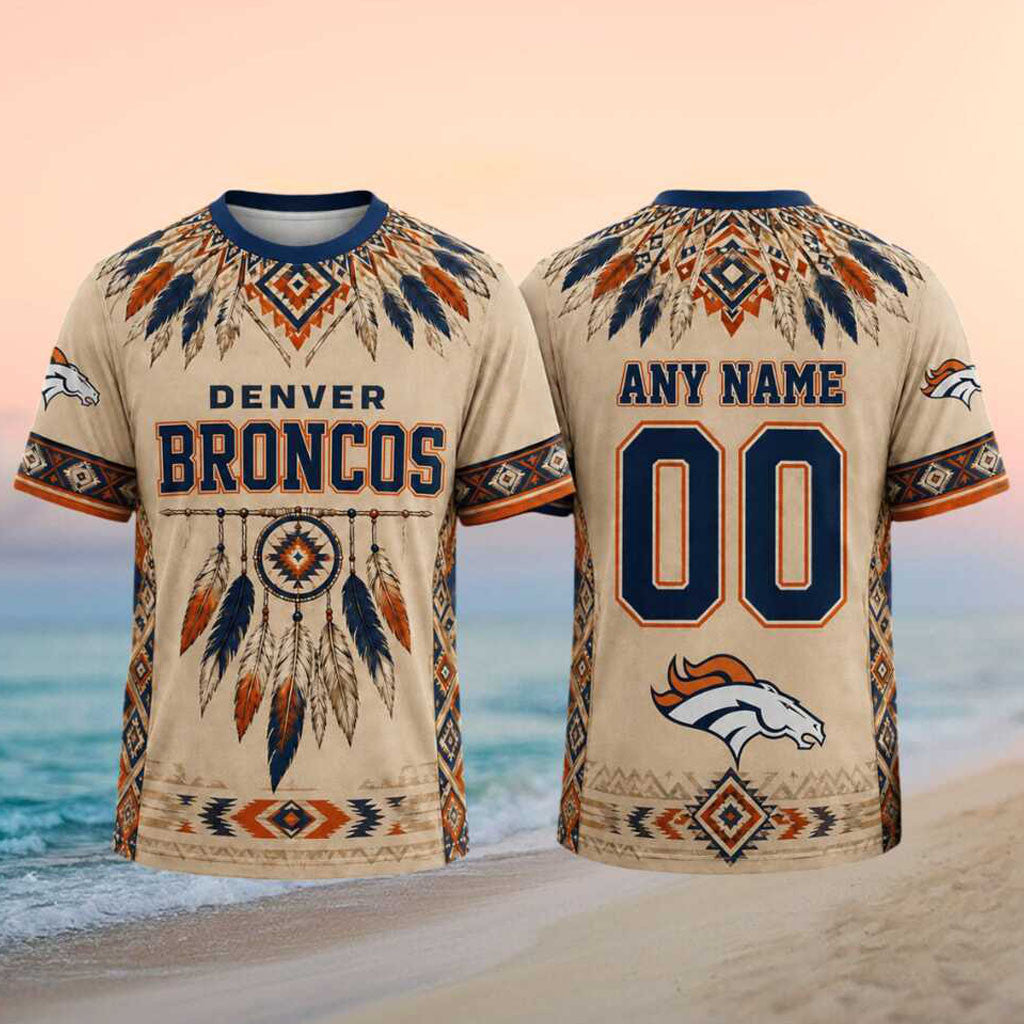 Custom Denver Broncos Native American Tribal Feather T-Shirt Gifts For Denver Broncos Lovers - Merchluma