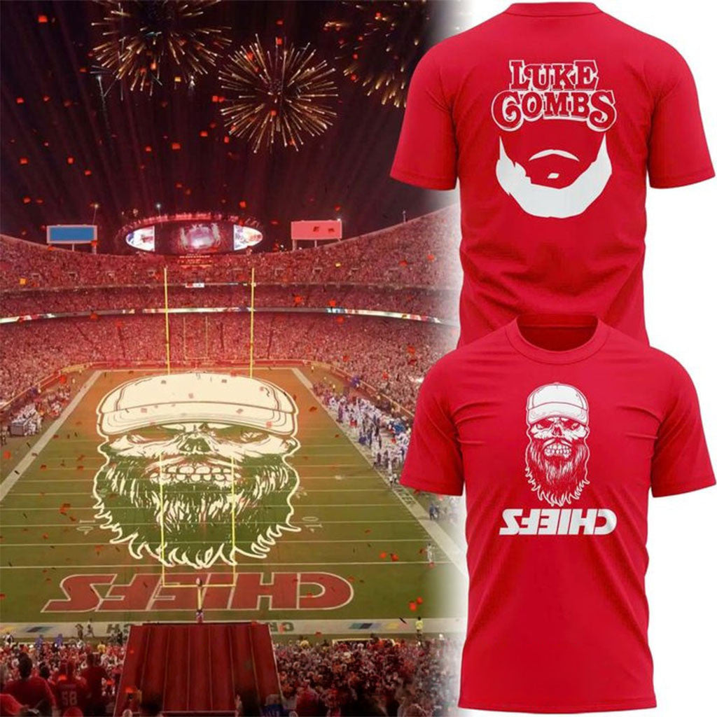 Kansas City Chiefs X Luke Combs Skull-Beard T-Shirt KC Chiefs Merch Gift For Music Lovers - Merchluma