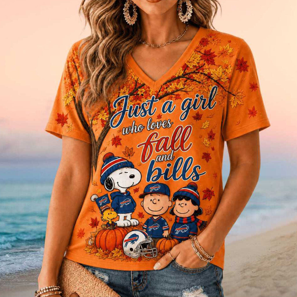Buffalo Bills Snoopy Just A Girl Who Loves Fall V-Neck Shirt Buffalo Bills Merch Fan Gifts - Merchluma